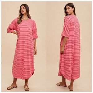 Anniewear LA Pink Terry Striped Oversized Lounge Midi Dress OS Pink Loungewear